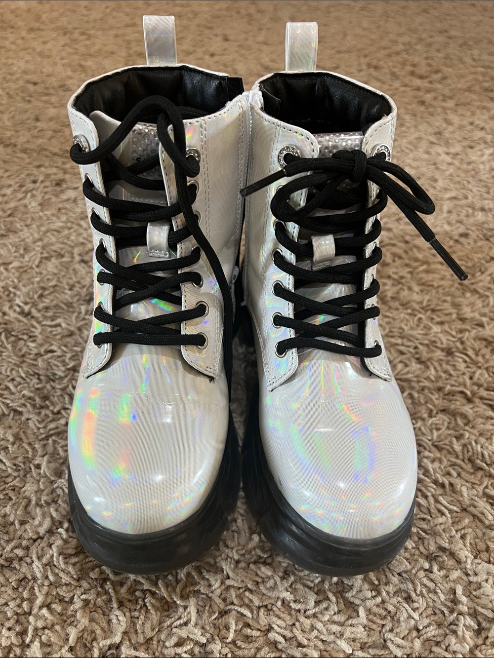 Skechers Kids Iridescent White Lace-Up Boots with Black Laces